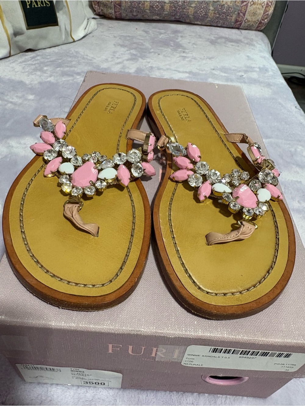 Furla Pink Crystal Embellished T-Strap Sandals